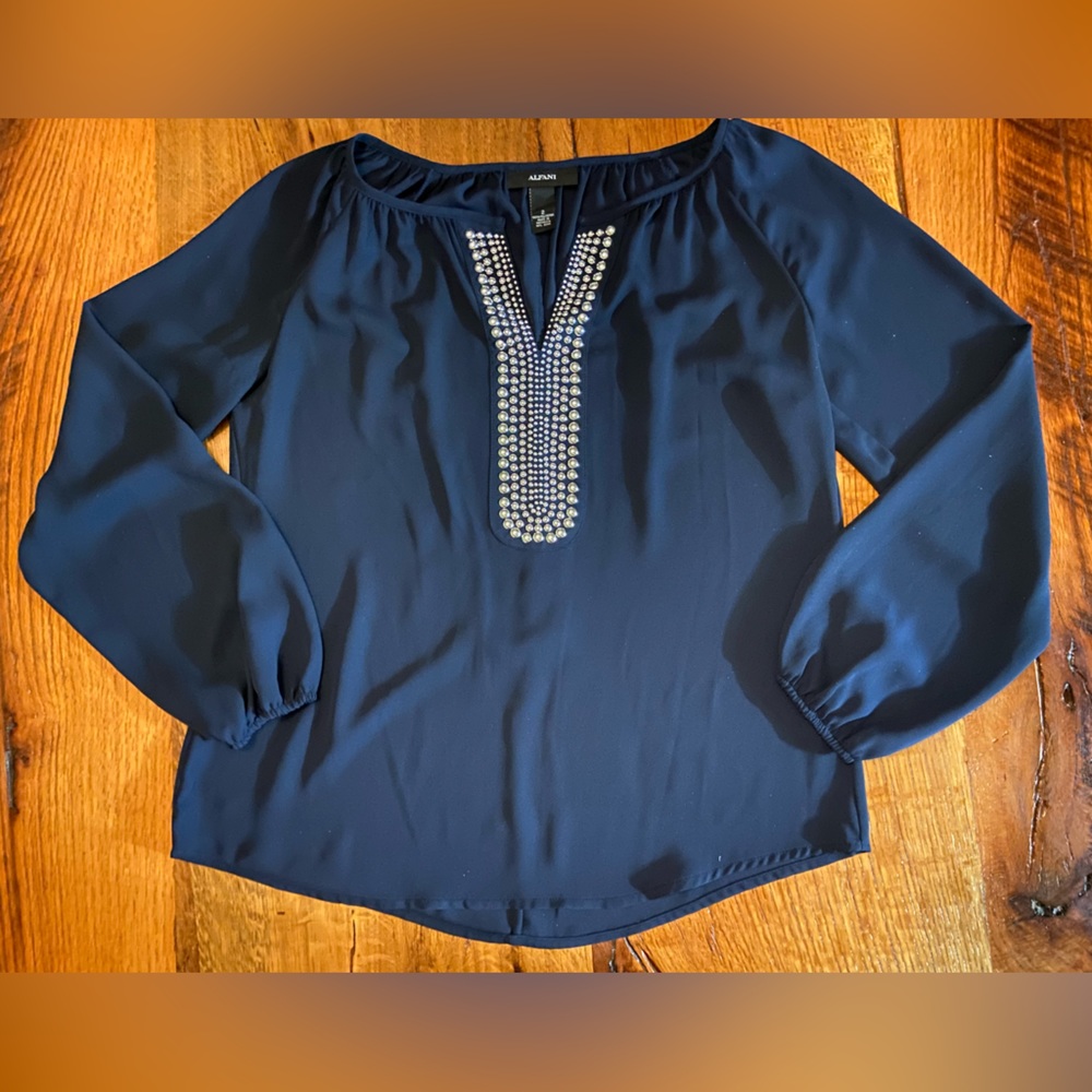 Alfani Navy Blue V Neck Lightweight Blouse with Stunning Silver Studs, Size 2